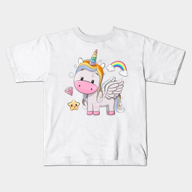 Cute baby Pegasus unicorn with a rainbow. Kids T-Shirt by Reginast777